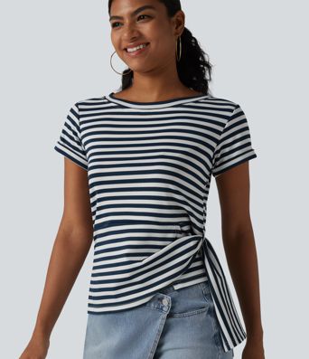 Round Neck Short Sleeve Asymmetric Hem Stripe Casual Top