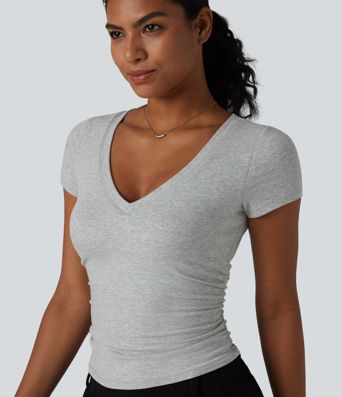 Halara Cotton Jersey V Neck Short Sleeve Built-in Bra Push Up Ruched Casual T-Shirt