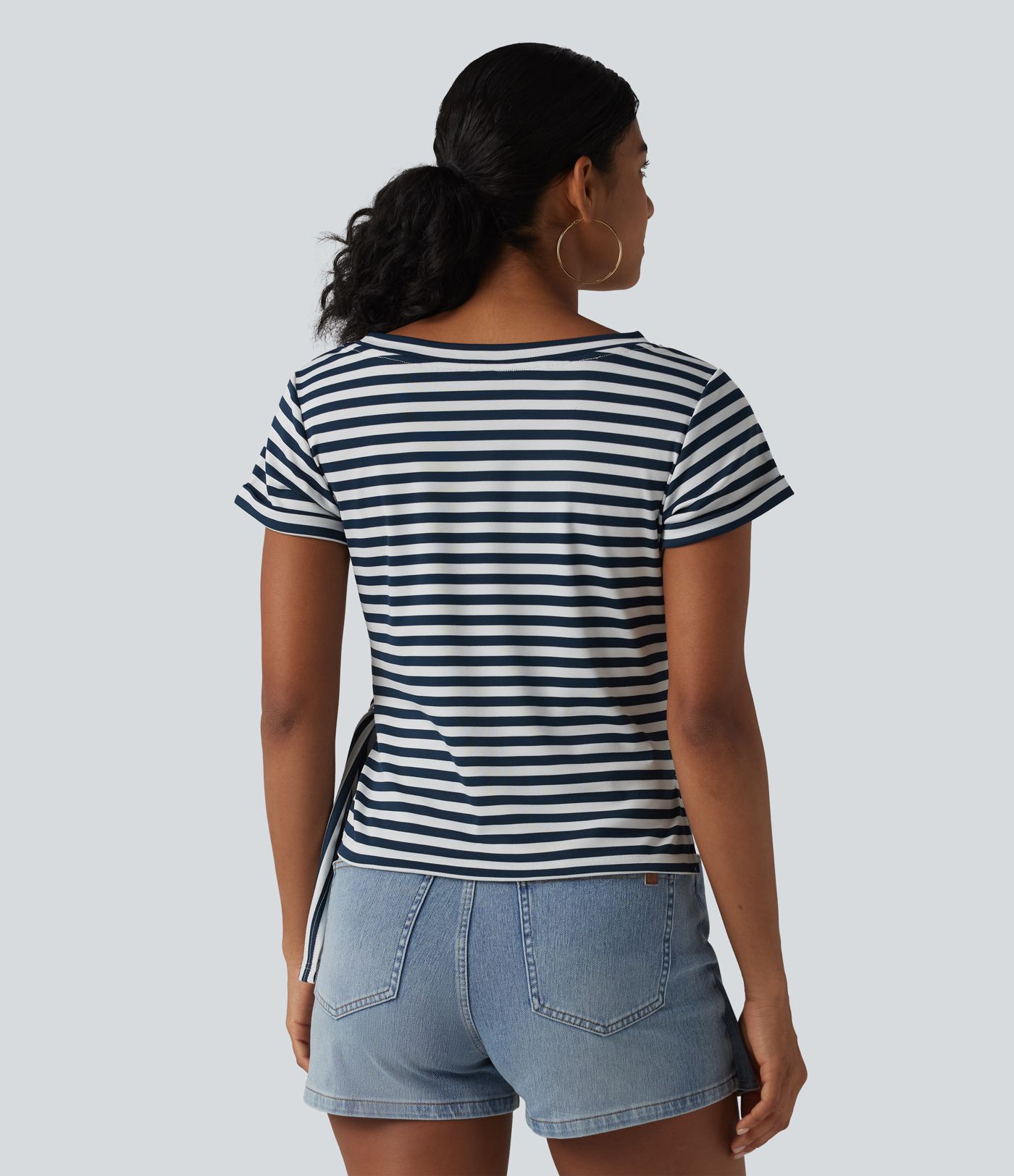 Round Neck Short Sleeve Asymmetric Hem Stripe Casual Top