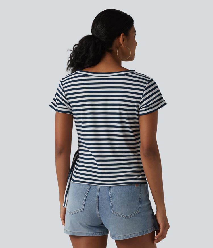 Round Neck Short Sleeve Asymmetric Hem Stripe Casual Top