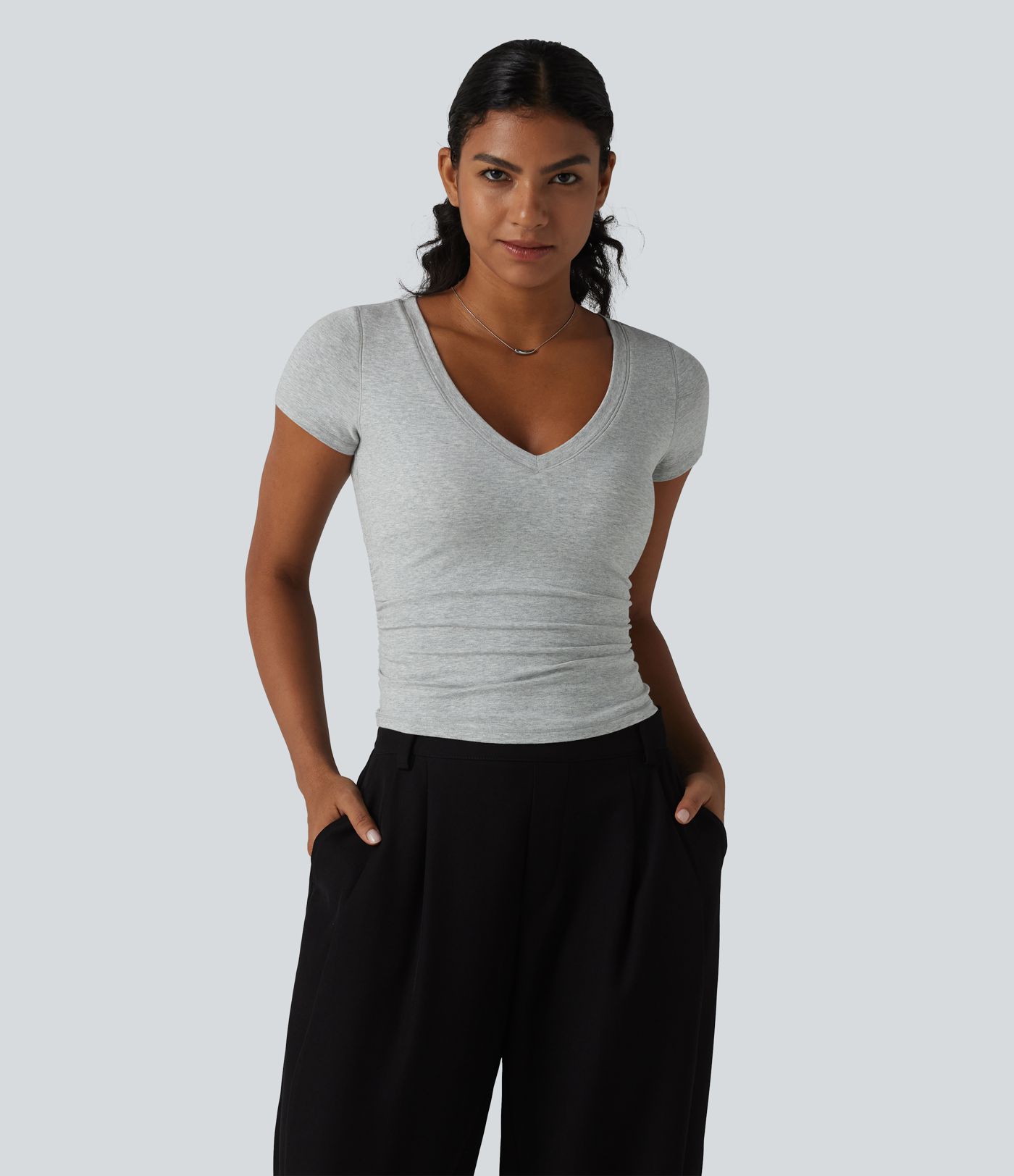 Halara Cotton Jersey V Neck Short Sleeve Built-in Bra Push Up Ruched Casual T-Shirt