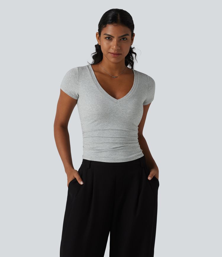 Halara Cotton Jersey V Neck Short Sleeve Built-in Bra Push Up Ruched Casual T-Shirt