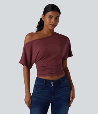 One-shoulder Short Sleeve Ruched Built-in Bra Casual T-Shirt