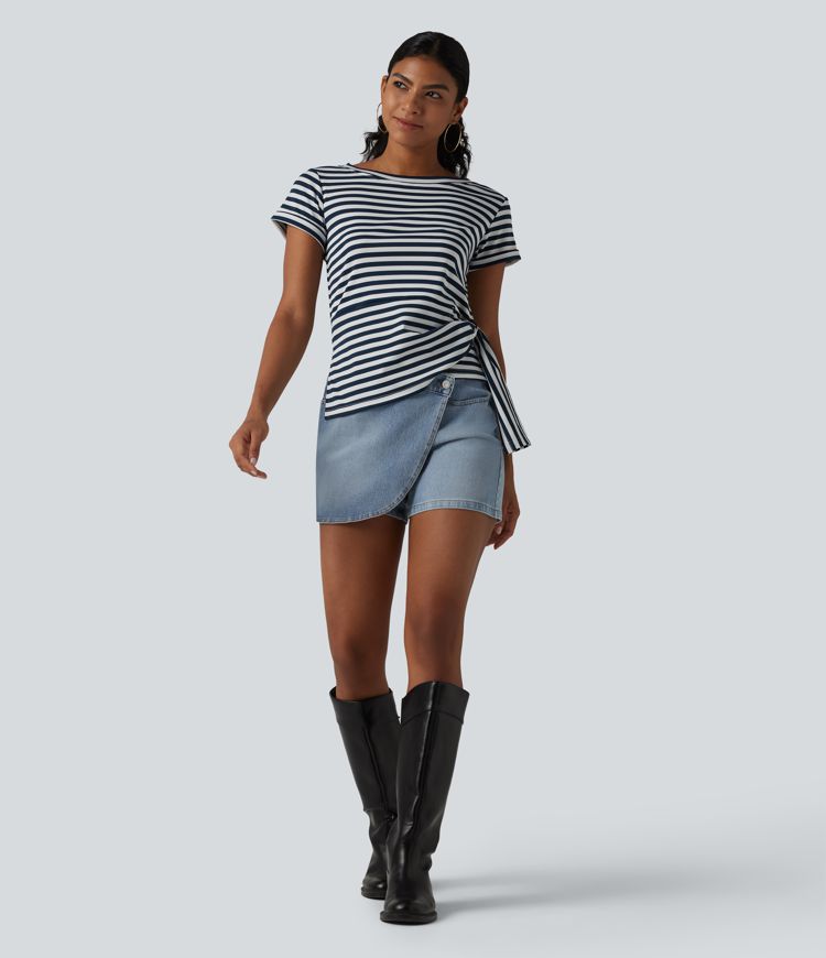 Round Neck Short Sleeve Asymmetric Hem Stripe Casual Top
