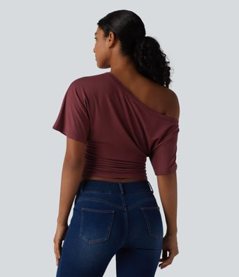 One-shoulder Short Sleeve Ruched Built-in Bra Casual T-Shirt