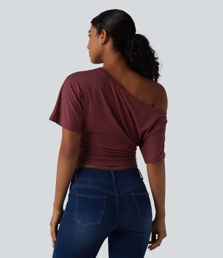 One-shoulder Short Sleeve Ruched Built-in Bra Casual T-Shirt