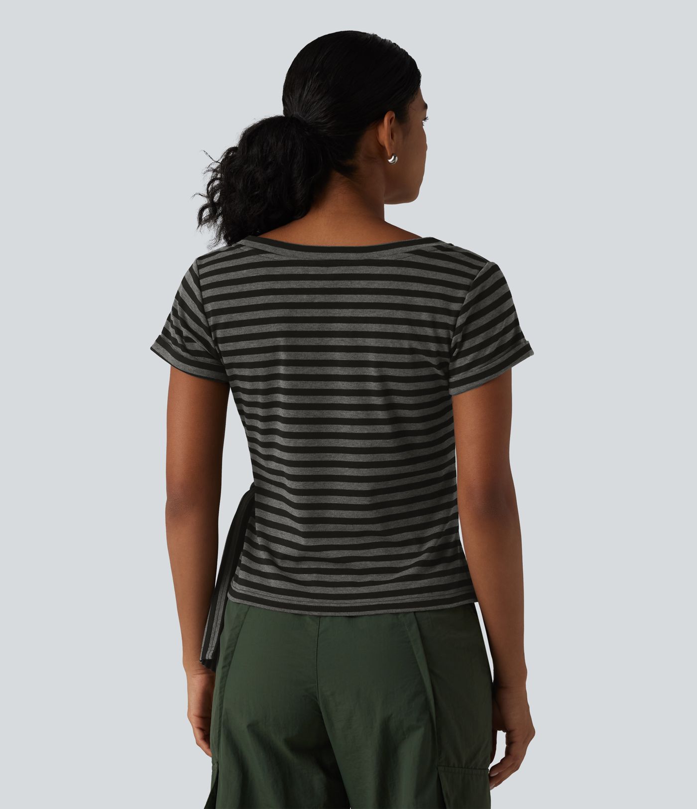 Round Neck Short Sleeve Asymmetric Hem Stripe Casual Top