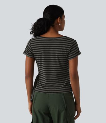 Round Neck Short Sleeve Asymmetric Hem Stripe Casual Top