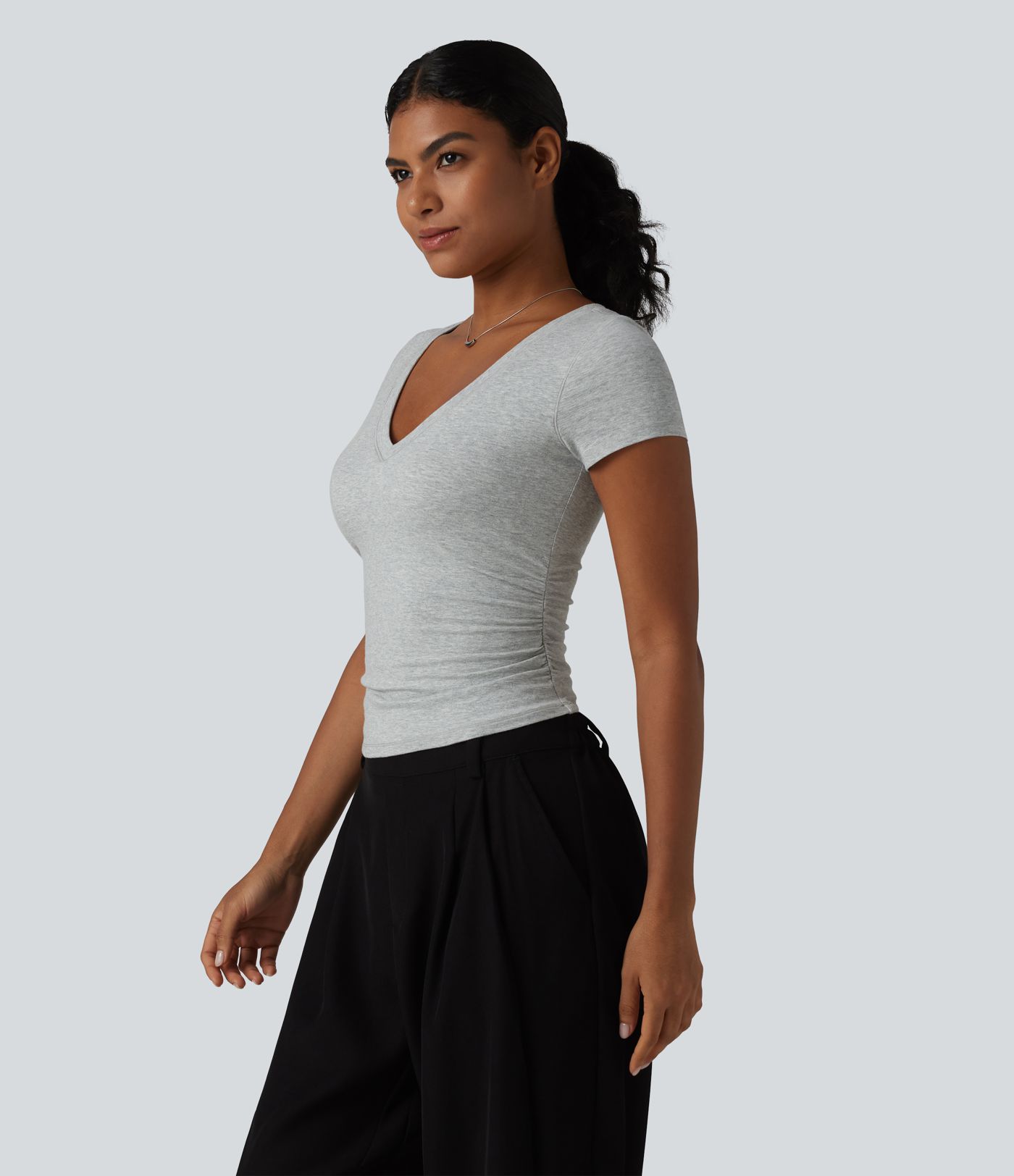 Halara Cotton Jersey V Neck Short Sleeve Built-in Bra Push Up Ruched Casual T-Shirt
