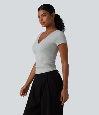 Halara Cotton Jersey V Neck Short Sleeve Built-in Bra Push Up Ruched Casual T-Shirt