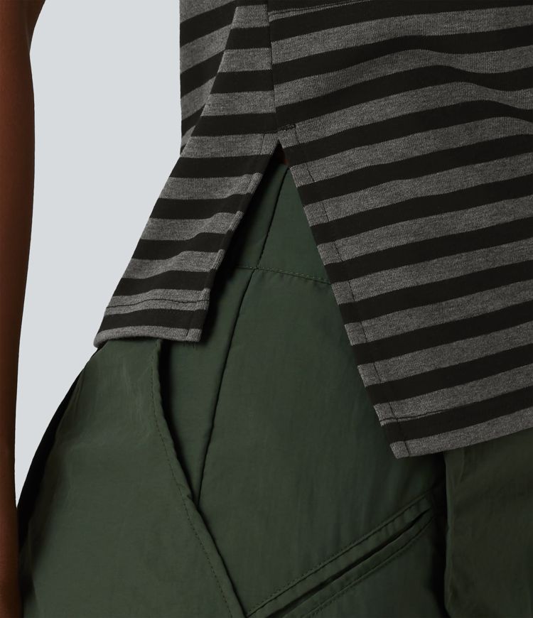 Round Neck Short Sleeve Asymmetric Hem Stripe Casual Top