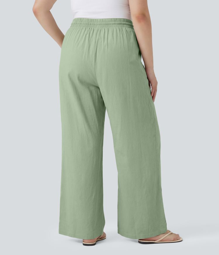 Plus Size High Waisted Drawstring Wide Leg Casual Linen-Blend Pants with Pockets