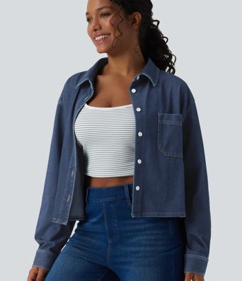 Halara Flex™ Denim Collar Long Sleeve Casual Shirt with Pocket
