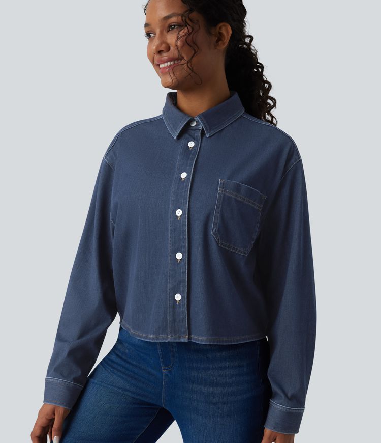 Halara Flex™ Denim Collar Long Sleeve Casual Shirt with Pocket