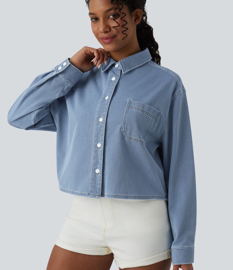 Halara Flex™ chemise décontractée à manches longues avec col en jean et poche