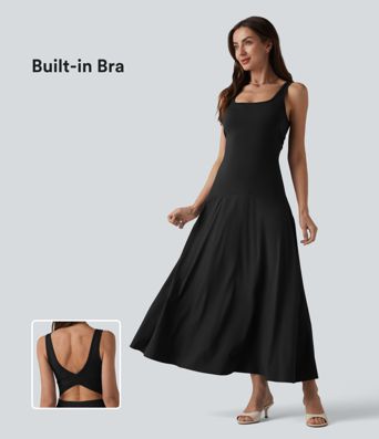 Crisscross Backless Square Neck Sleeveless Flowy Midi Bridesmaid And Wedding Guest Dress