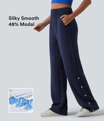 SpacerTek™ High Waisted Snap Button Casual Straight Leg Sweatpants with Pockets