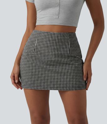 High Waisted 2-in-1 A Line Plaid Mini Casual Linen-Feel Skirt
