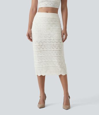 High Waisted 2-in-1 Open Knit Midi Sweater Skirt with Pockets