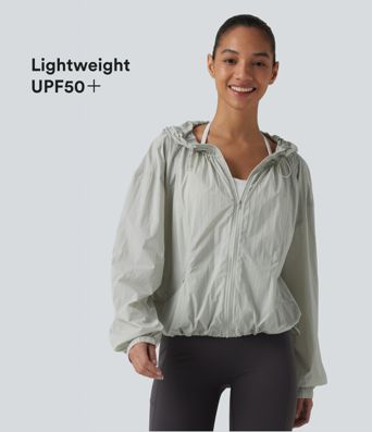 Lightweight Hooded Drawstring Long Sleeve Running Jacket with Pockets-UPF50+