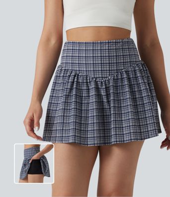 High Waisted 2-in-1 A-line Mini Plaid Crinkle Quick Dry Tennis Skirt with Pockets