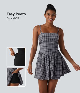 Adjustable Straps 2-in-1 Built-in Bra A-line Mini Plaid Crinkle Quick Dry Tennis Active Slip Dress with Pockets-Easy Peezy