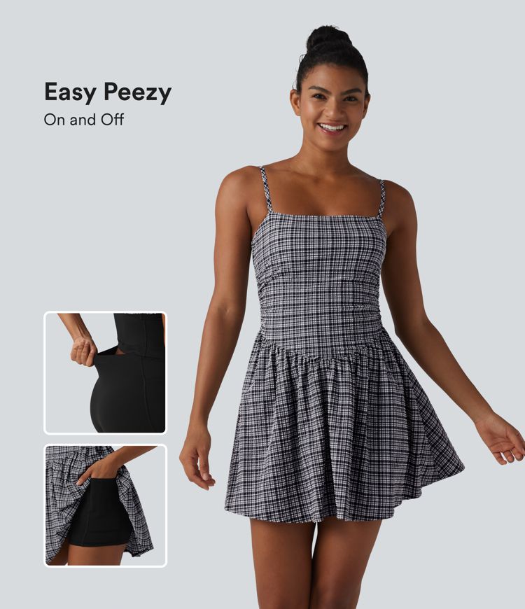 Adjustable Straps 2-in-1 Built-in Bra A-line Mini Plaid Crinkle Quick Dry Tennis Active Slip Dress with Pockets-Easy Peezy