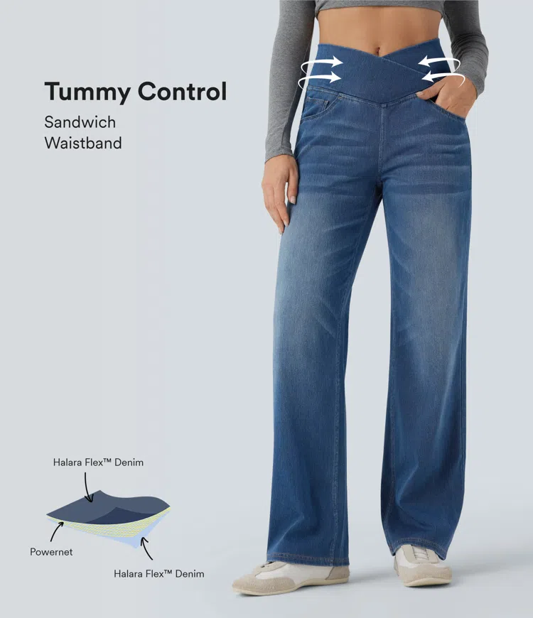 Halara Flex™ Crossover High Waisted Lightweight Tummy Control Casual Straight Leg Jeans with Pockets