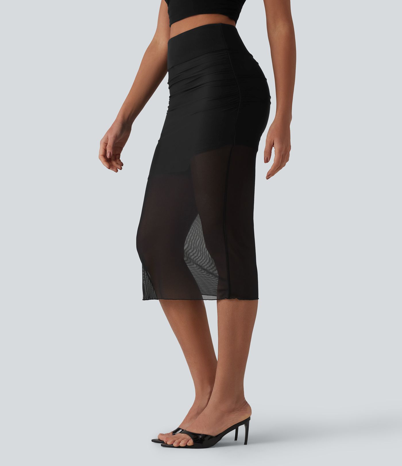 High Waisted Tummy Control 2-in-1 Mesh Bodycon Midi Casual Skirt