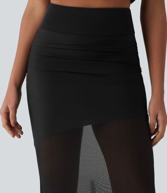 High Waisted Tummy Control 2-in-1 Mesh Bodycon Midi Casual Skirt