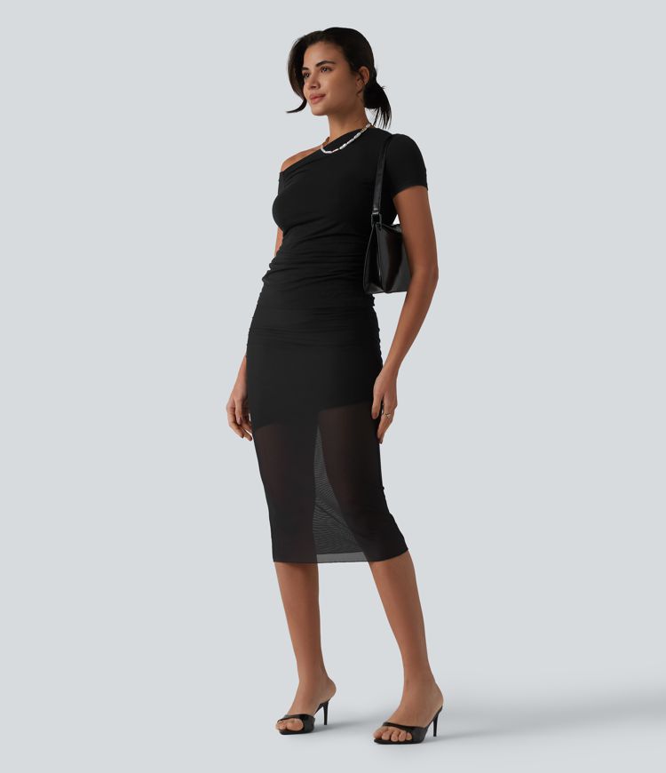 High Waisted Tummy Control 2-in-1 Mesh Bodycon Midi Casual Skirt