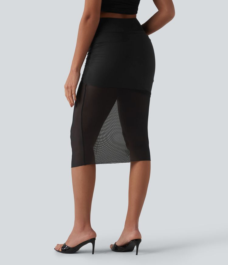 High Waisted Tummy Control 2-in-1 Mesh Bodycon Midi Casual Skirt
