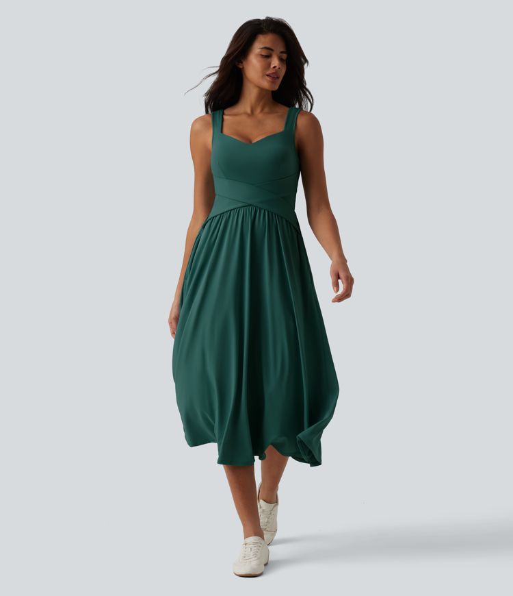 Built-in Bra Sleeveless Crossover Flowy Midi Casual Dress with Pockets DD-F