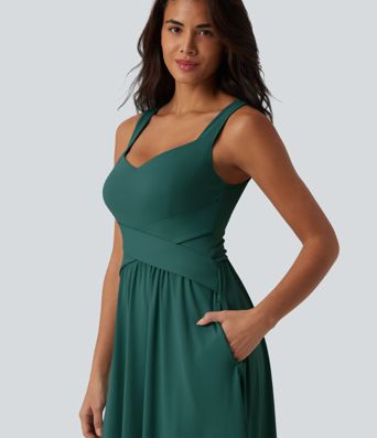 Built-in Bra Sleeveless Crossover Flowy Midi Casual Dress with Pockets DD-F