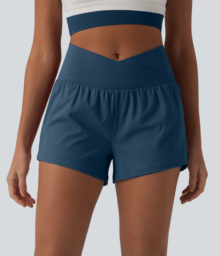 SoftlyZero™ Airy Crossover High Waisted 2-in-1 Cool Touch Yoga Shorts with Pockets