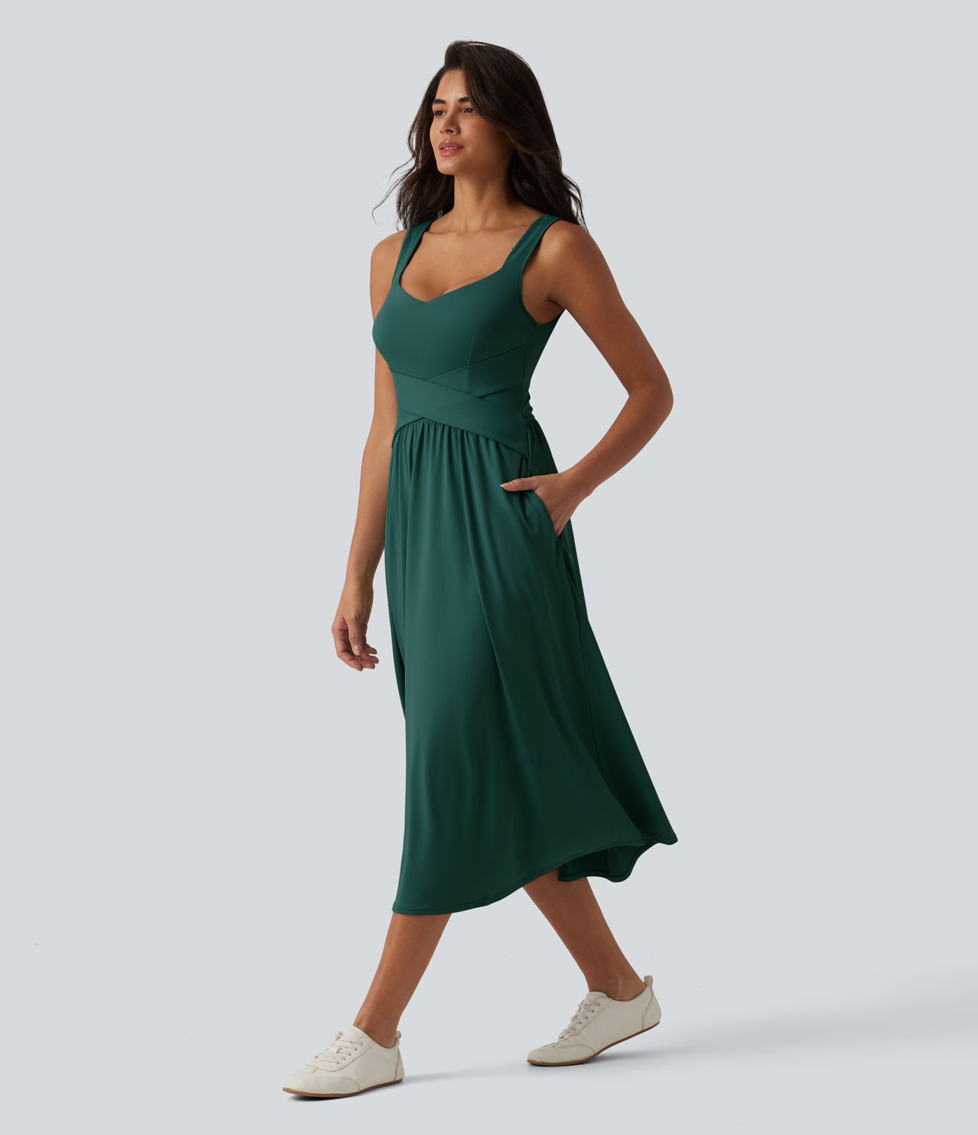 Built-in Bra Sleeveless Crossover Flowy Midi Casual Dress with Pockets DD-F