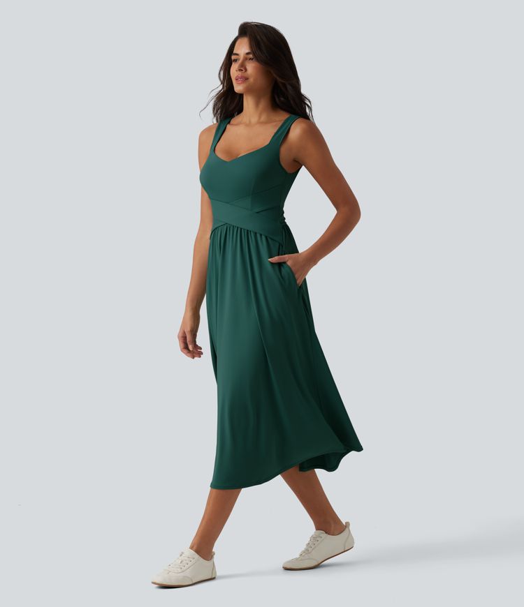 Built-in Bra Sleeveless Crossover Flowy Midi Casual Dress with Pockets DD-F