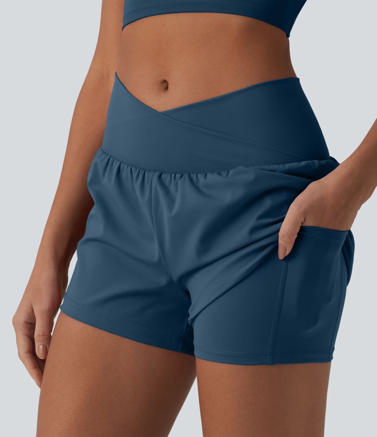 SoftlyZero™ Airy Crossover High Waisted 2-in-1 Cool Touch Yoga Shorts with Pockets