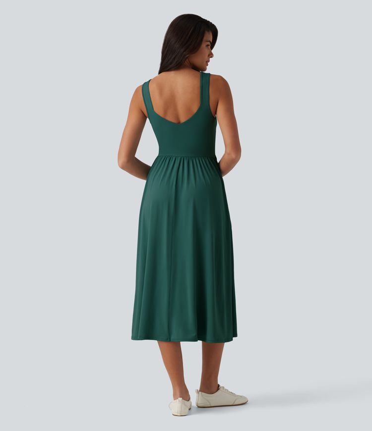 Built-in Bra Sleeveless Crossover Flowy Midi Casual Dress with Pockets DD-F