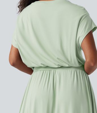 SoCinched Talje Kontrol Flagermus Ærme Flydende Midi Arbejdskjole med Lommer