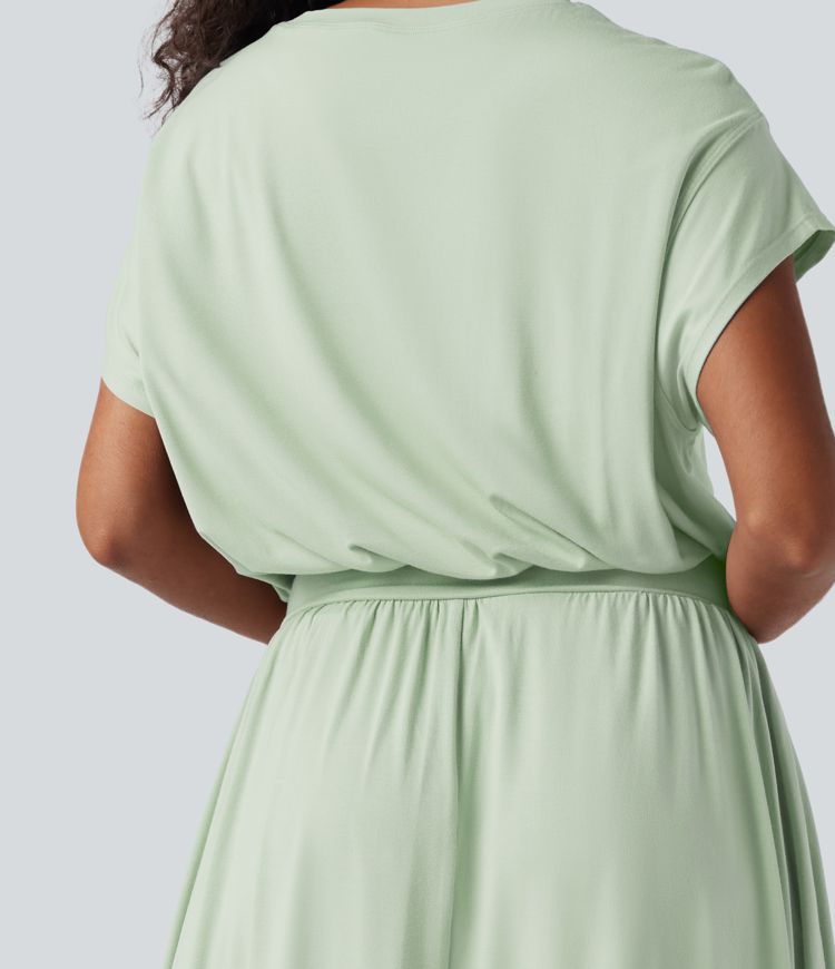 SoCinched Talje Kontrol Flagermus Ærme Flydende Midi Arbejdskjole med Lommer