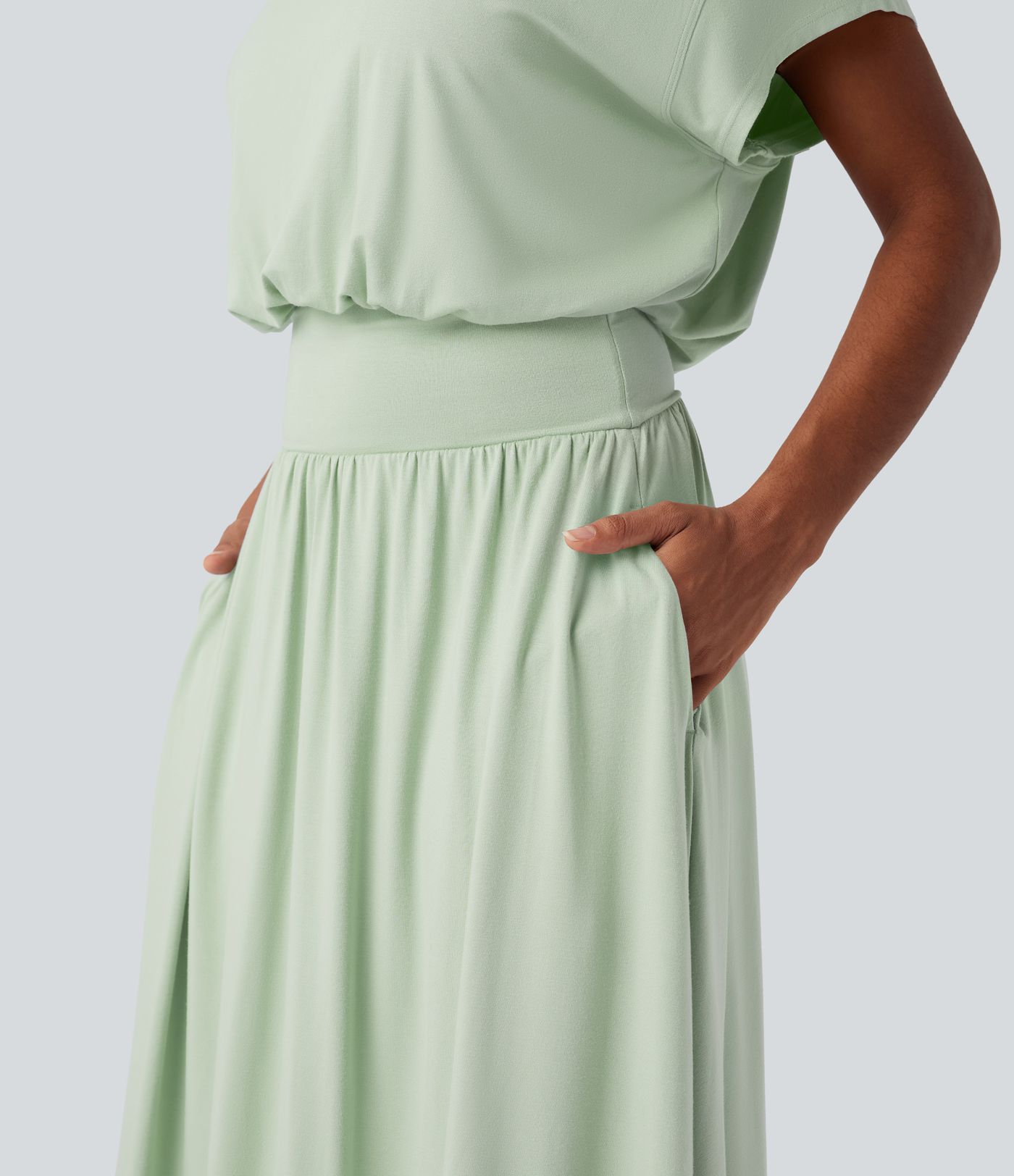 SoCinched Talje Kontrol Flagermus Ærme Flydende Midi Arbejdskjole med Lommer