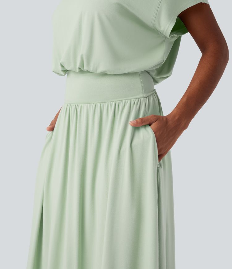 SoCinched Talje Kontrol Flagermus Ærme Flydende Midi Arbejdskjole med Lommer