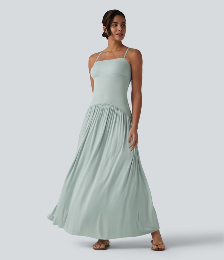 Ribbed Flowy Maxi Slip Dress with Pockets