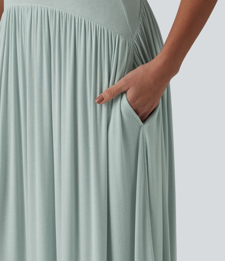 Ribbed Flowy Maxi Slip Dress with Pockets