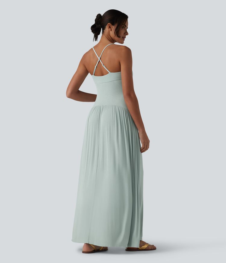 Ribbed Flowy Maxi Slip Dress with Pockets