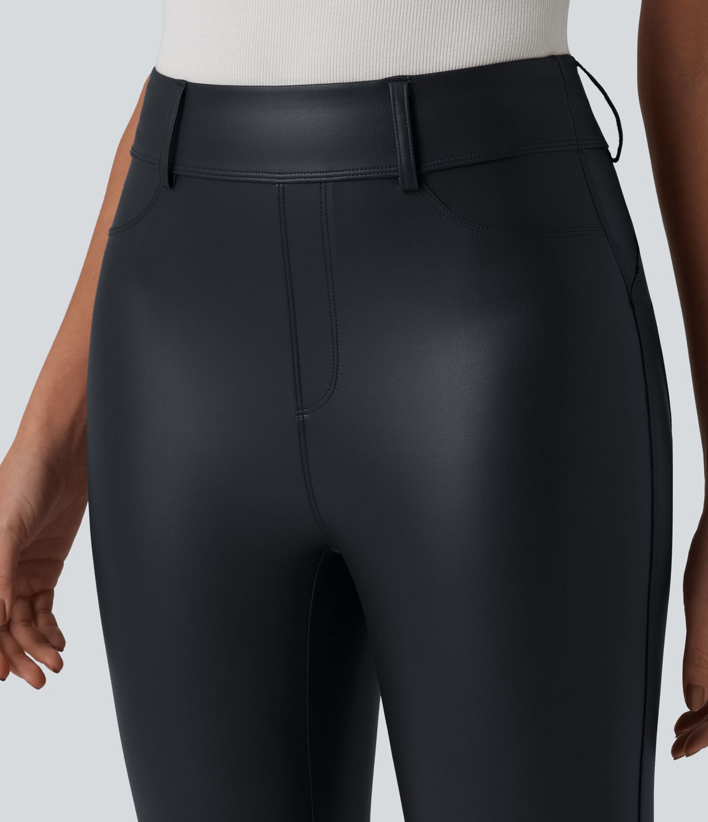 High Waisted Stretchy PU Casual 7/8 Leggings with Pockets