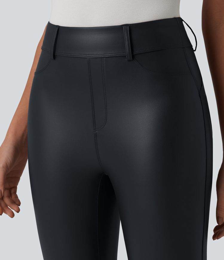 High Waisted Stretchy PU Casual 7/8 Leggings with Pockets