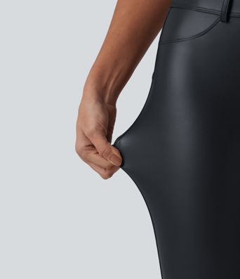High Waisted Stretchy PU Casual 7/8 Leggings with Pockets