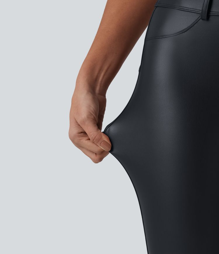 High Waisted Stretchy PU Casual 7/8 Leggings with Pockets